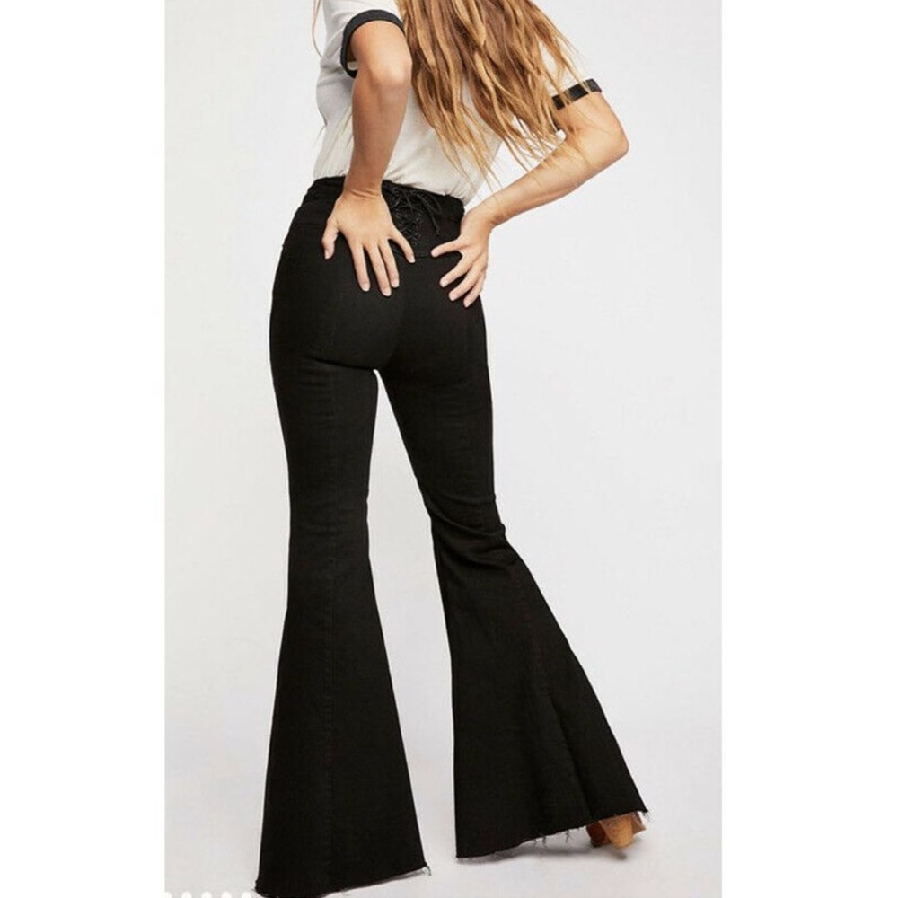 FP We The Free CRVY Super Flare Jeans Black Women Sz 27 Corset Back Lace Up